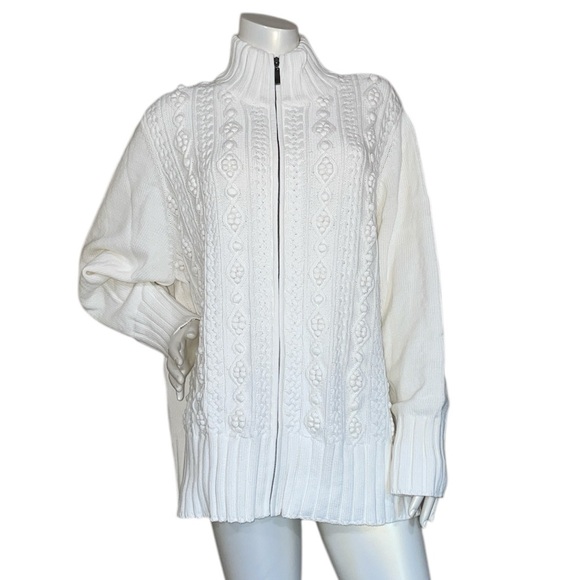 NWOT Lands' End 100% Cotton Textured & Cable Knit Full Zip Ivory Sweater 3X - Picture 1 of 7